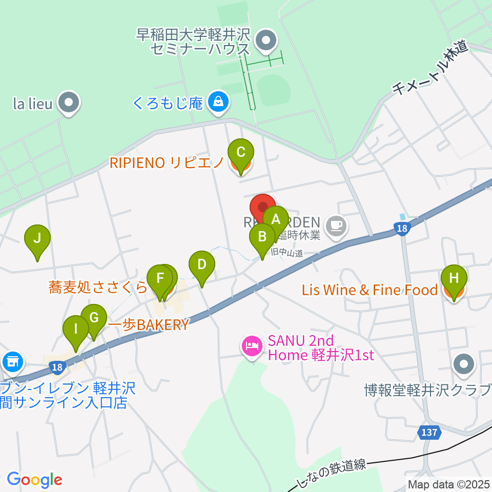 軽井沢町追分宿郷土館周辺のファミレス・ファーストフード一覧地図