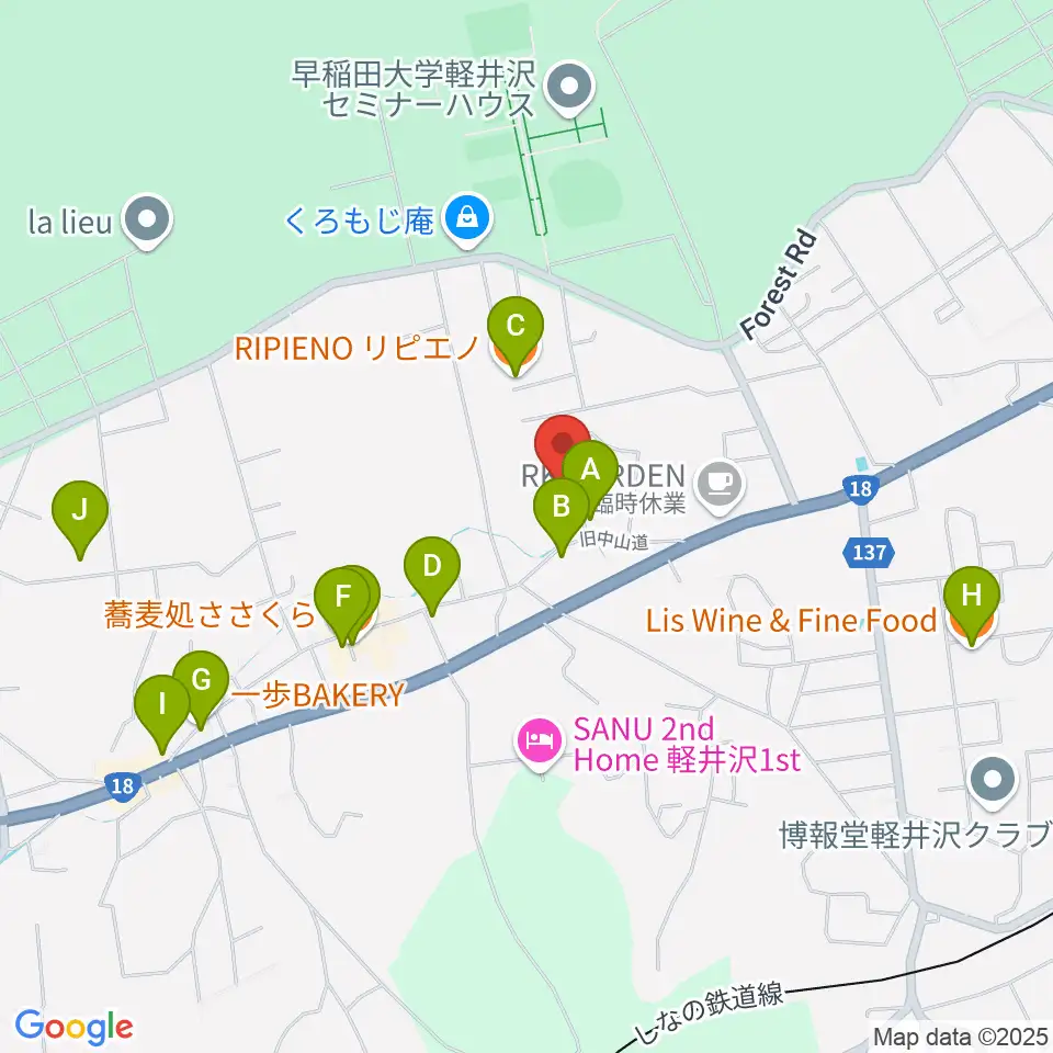 軽井沢町追分宿郷土館周辺のファミレス・ファーストフード一覧地図