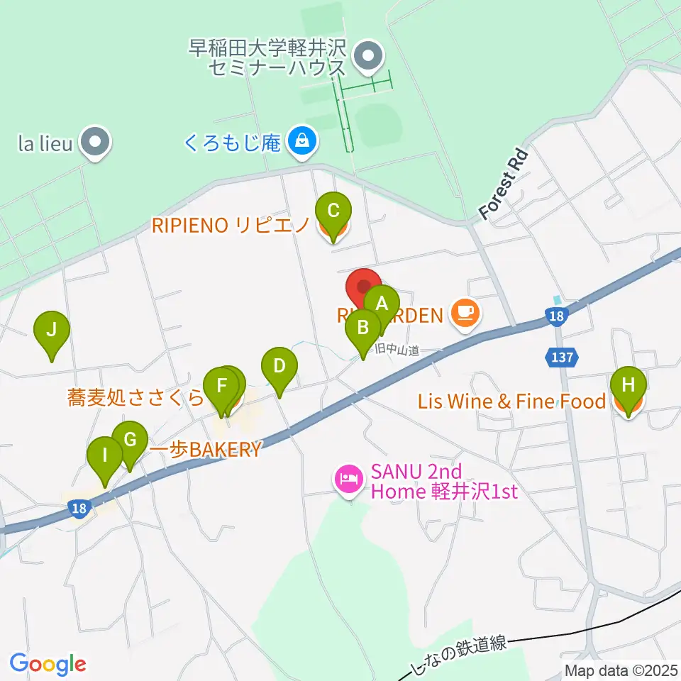 軽井沢町追分宿郷土館周辺のファミレス・ファーストフード一覧地図