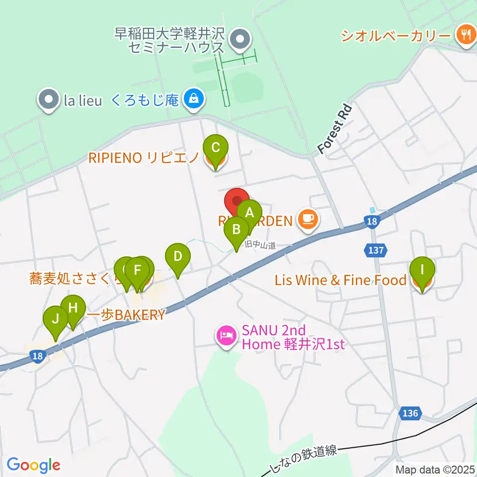 軽井沢町追分宿郷土館周辺のファミレス・ファーストフード一覧地図