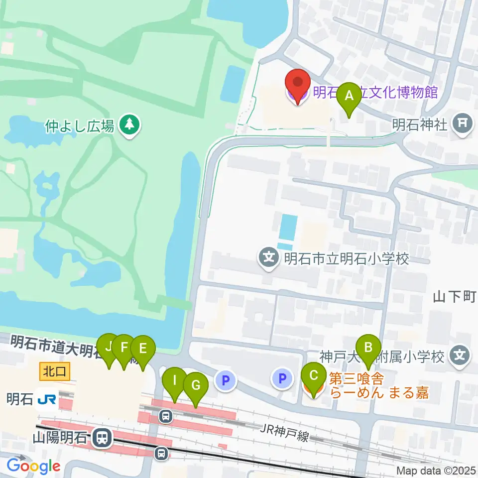 明石市立文化博物館周辺のファミレス・ファーストフード一覧地図