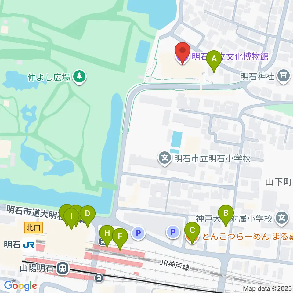 明石市立文化博物館周辺のファミレス・ファーストフード一覧地図
