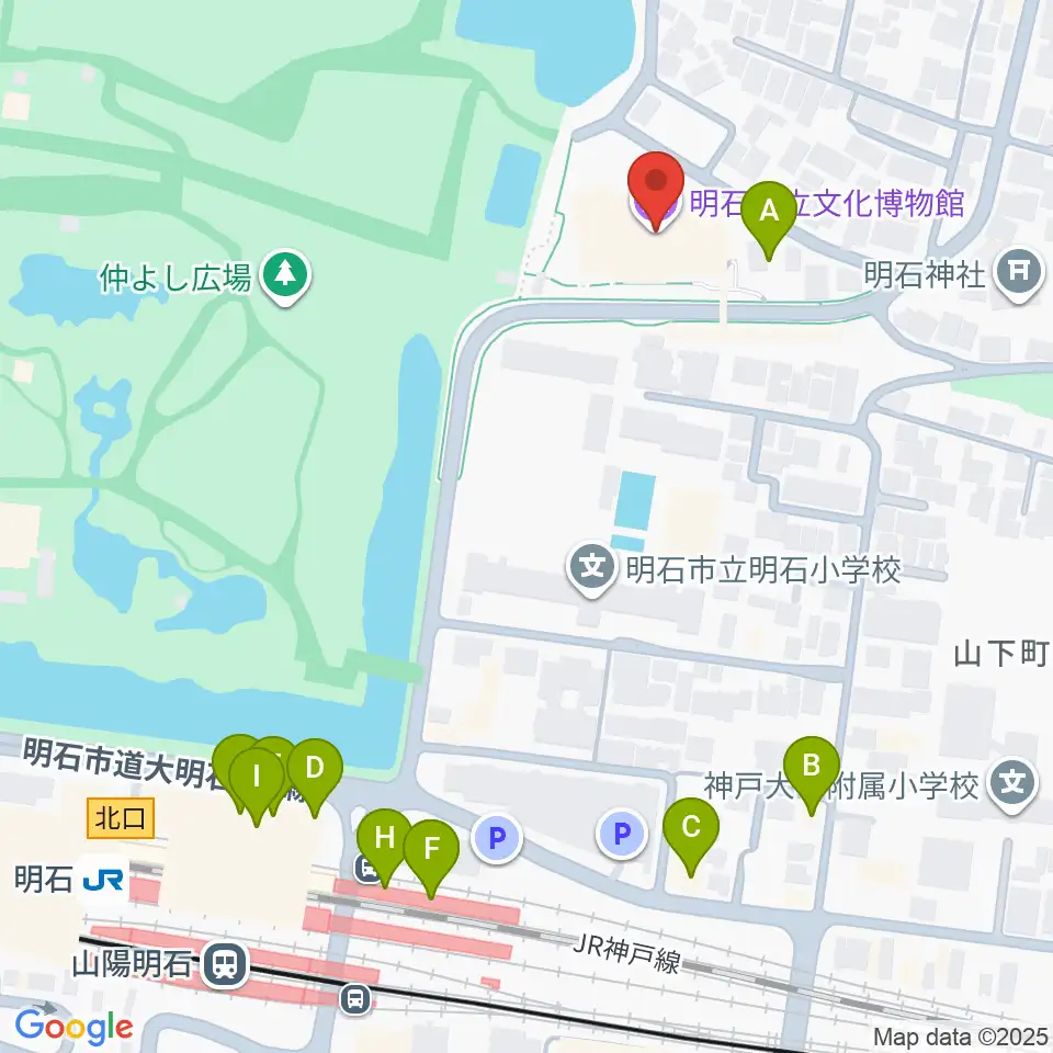 明石市立文化博物館周辺のファミレス・ファーストフード一覧地図