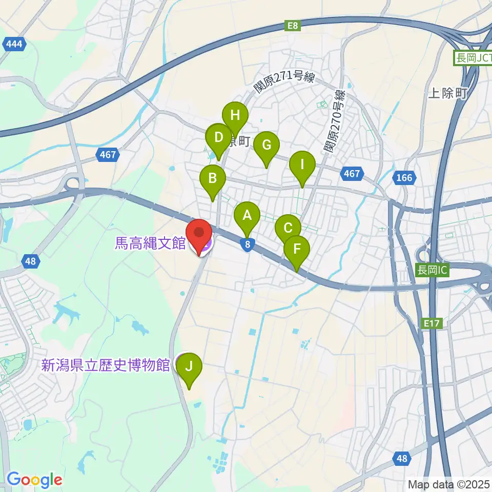 長岡市馬高縄文館周辺のファミレス・ファーストフード一覧地図