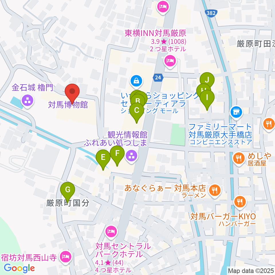 対馬博物館周辺のファミレス・ファーストフード一覧地図