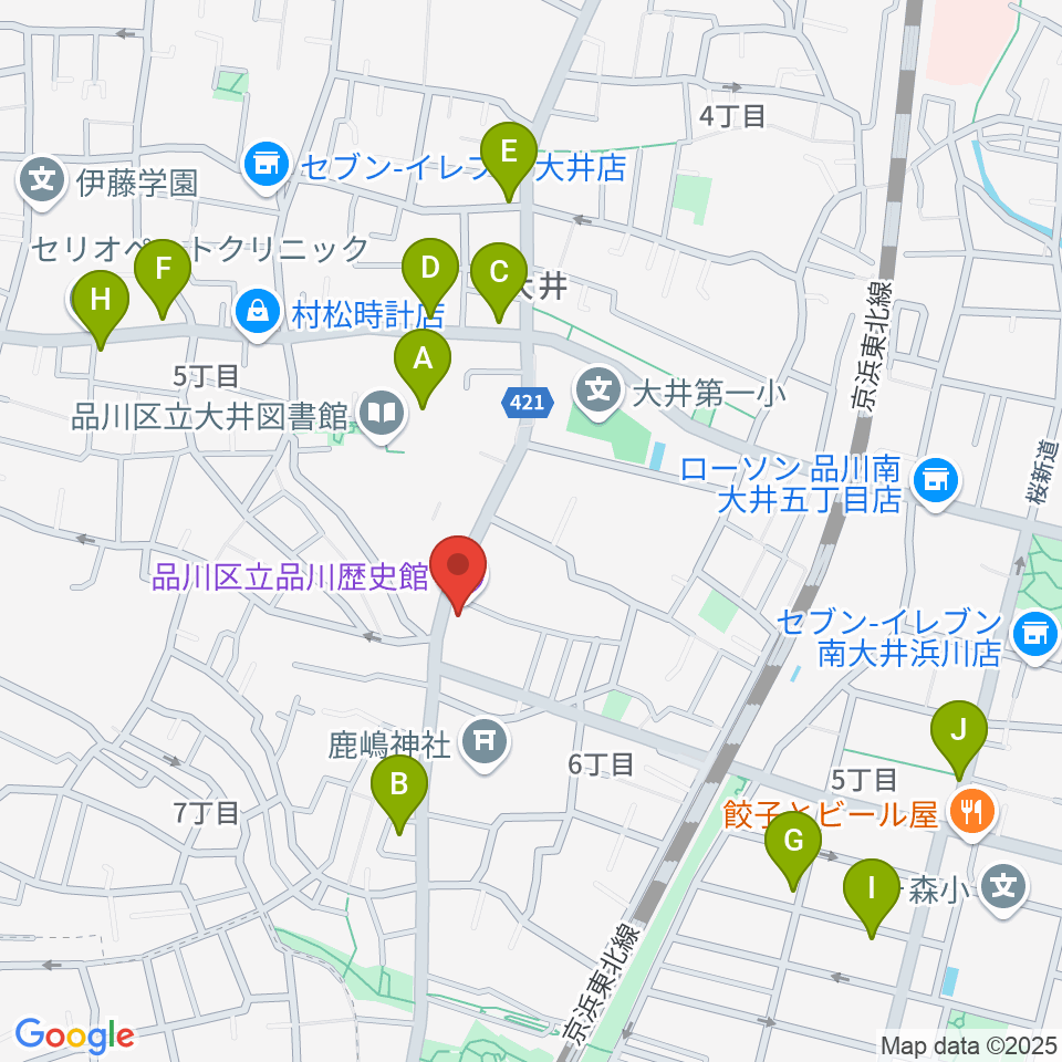 品川区立品川歴史館周辺のファミレス・ファーストフード一覧地図