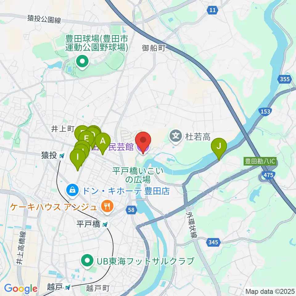 豊田市民芸館周辺のファミレス・ファーストフード一覧地図