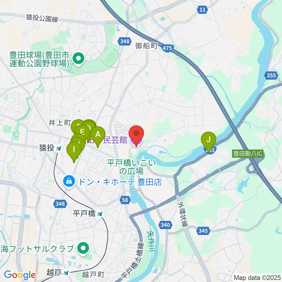 豊田市民芸館周辺のファミレス・ファーストフード一覧地図