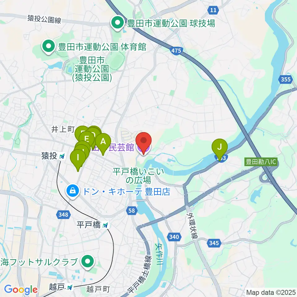 豊田市民芸館周辺のファミレス・ファーストフード一覧地図