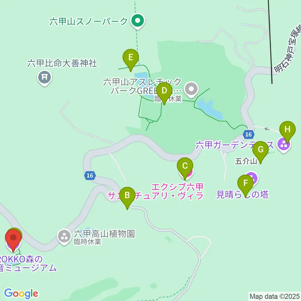 ROKKO森の音ミュージアム周辺のファミレス・ファーストフード一覧地図