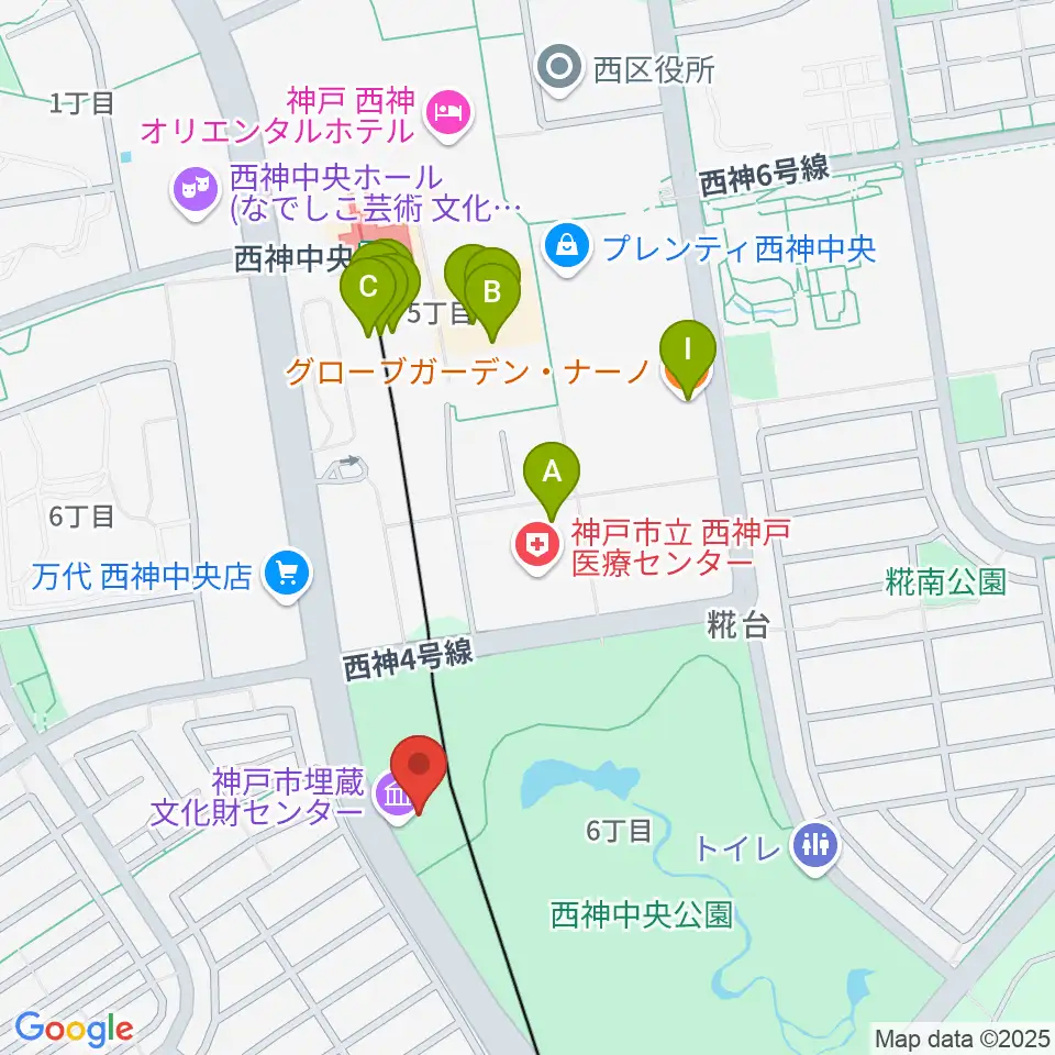 神戸市埋蔵文化財センター周辺のファミレス・ファーストフード一覧地図