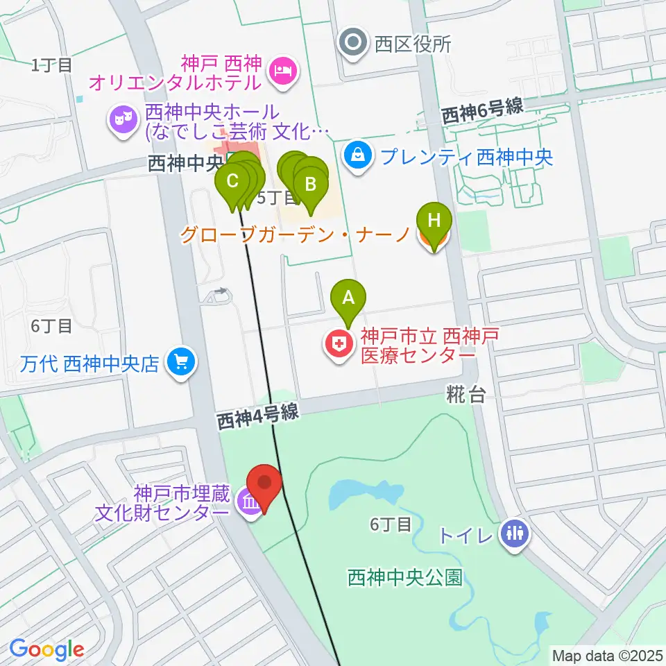 神戸市埋蔵文化財センター周辺のファミレス・ファーストフード一覧地図