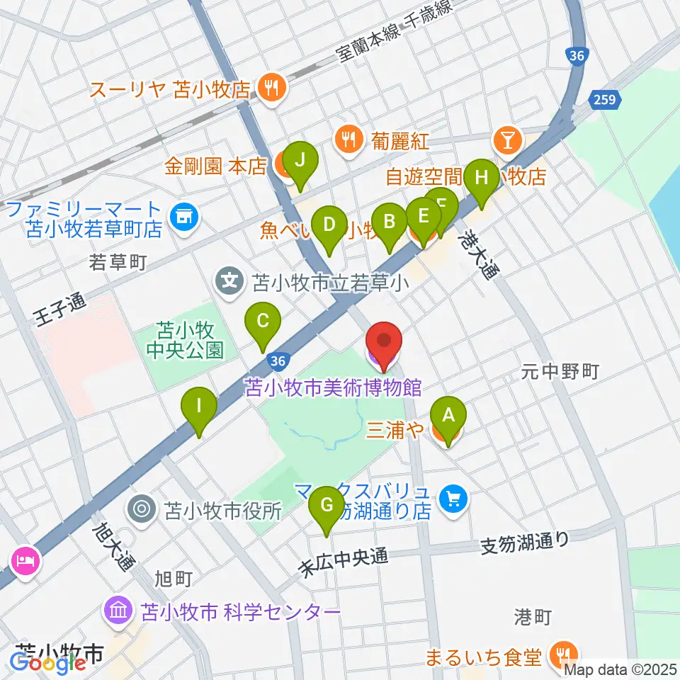 苫小牧市美術博物館周辺のファミレス・ファーストフード一覧地図