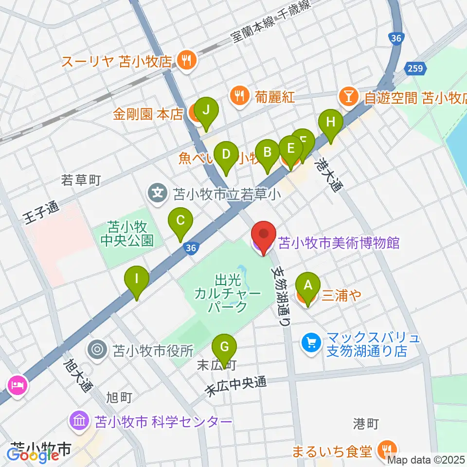 苫小牧市美術博物館周辺のファミレス・ファーストフード一覧地図