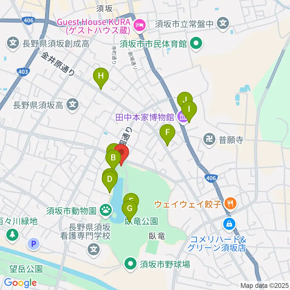 須坂市立博物館周辺のファミレス・ファーストフード一覧地図