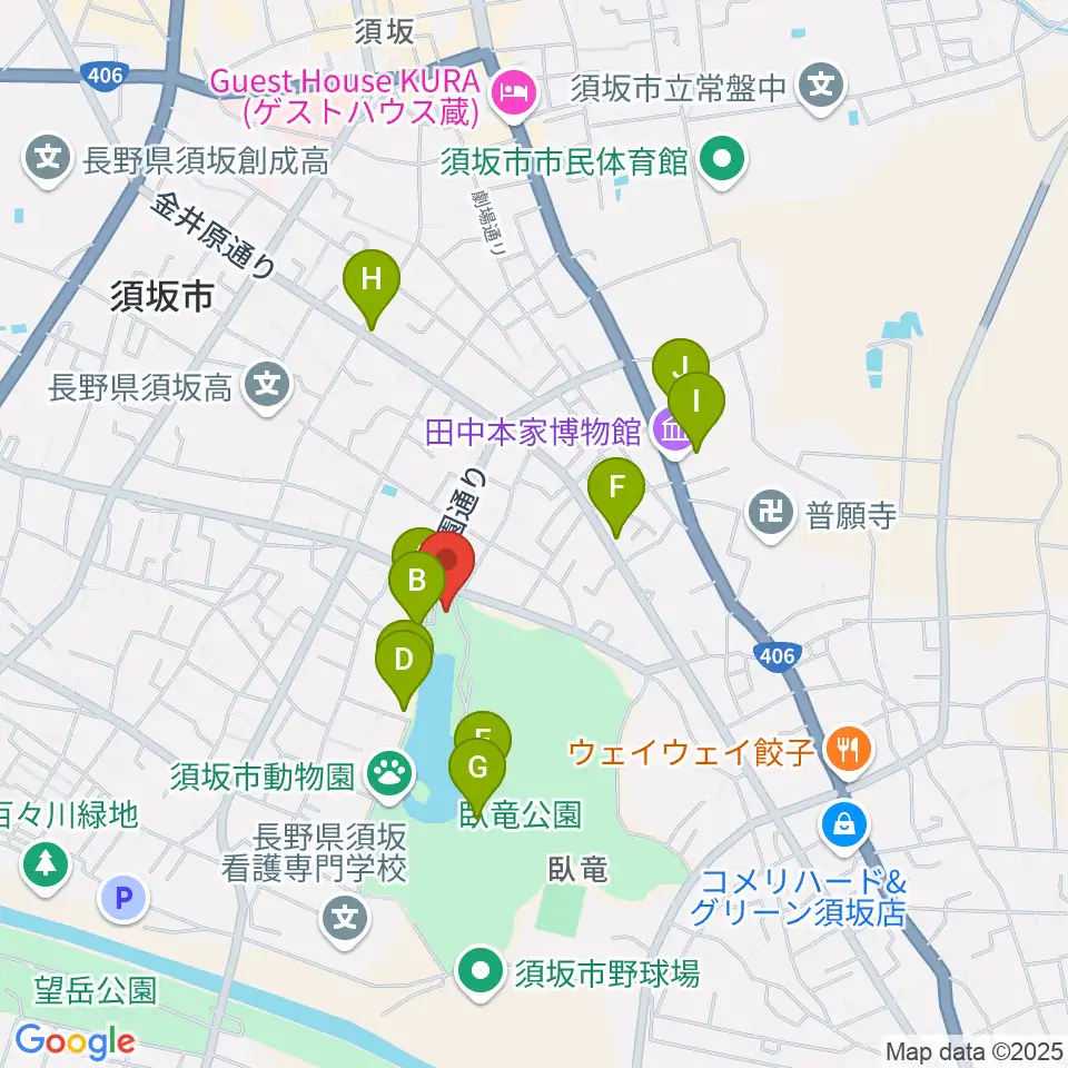 須坂市立博物館周辺のファミレス・ファーストフード一覧地図