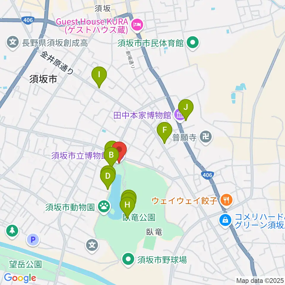 須坂市立博物館周辺のファミレス・ファーストフード一覧地図