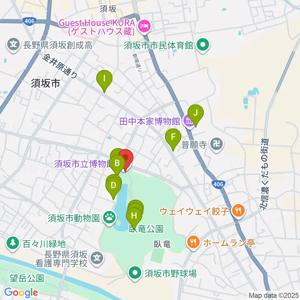 須坂市立博物館周辺のファミレス・ファーストフード一覧地図