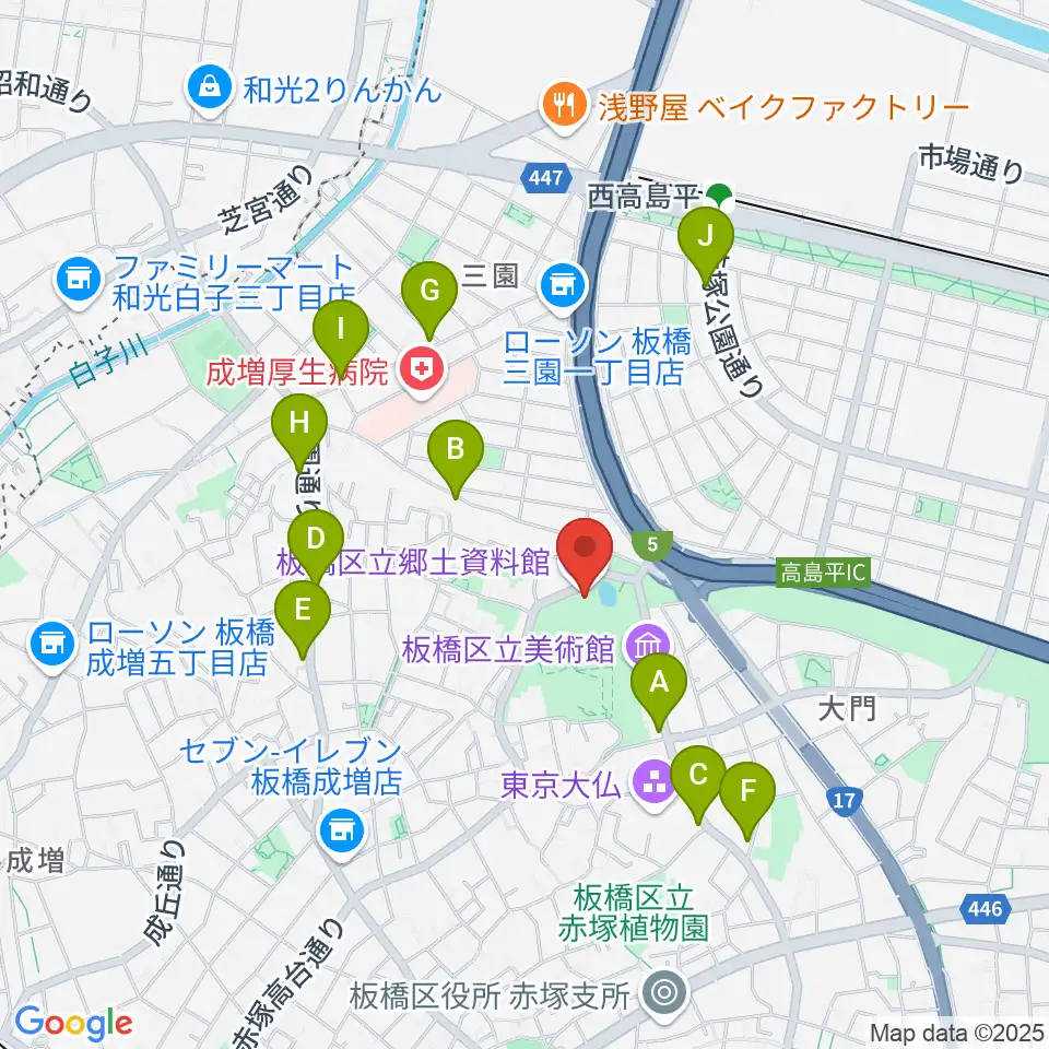 板橋区立郷土資料館周辺のファミレス・ファーストフード一覧地図