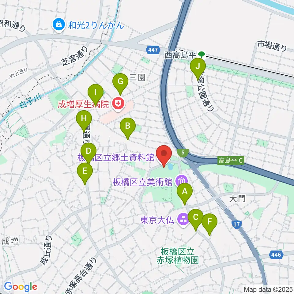 板橋区立郷土資料館周辺のファミレス・ファーストフード一覧地図