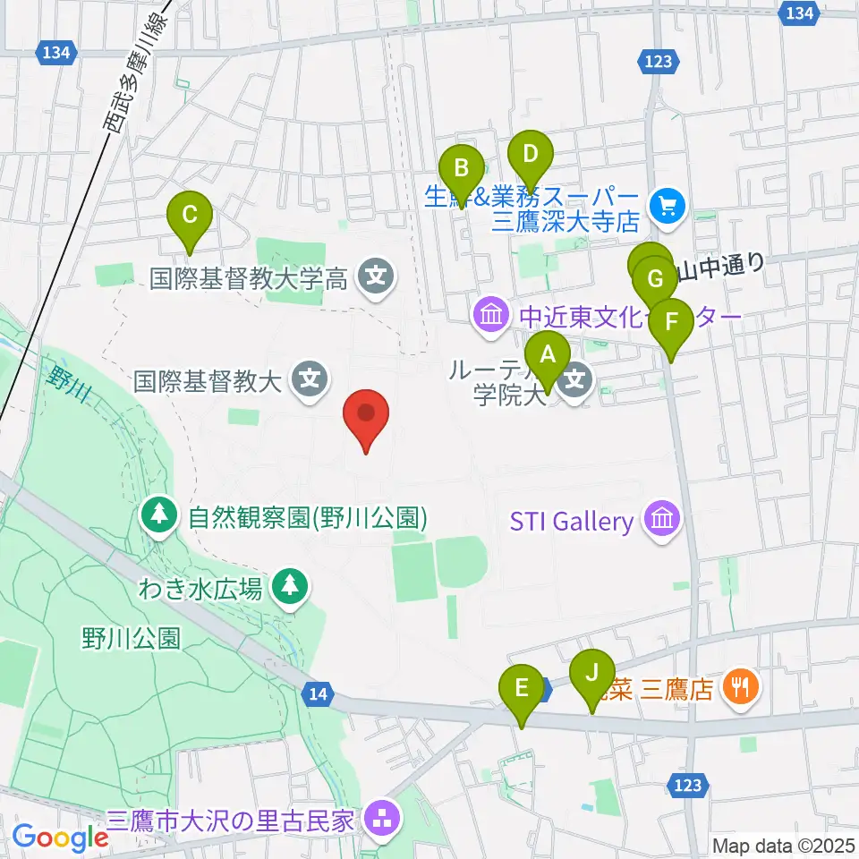 国際基督教大学博物館 湯浅八郎記念館周辺のファミレス・ファーストフード一覧地図