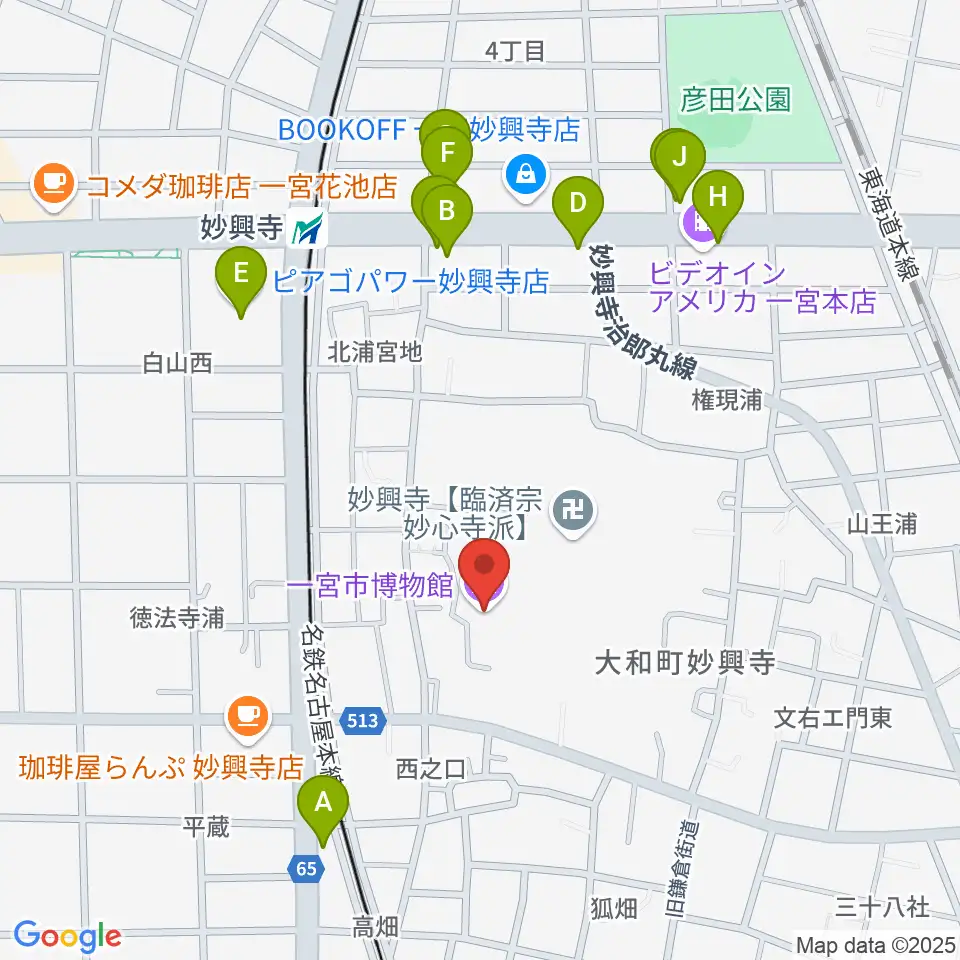 一宮市博物館周辺のファミレス・ファーストフード一覧地図