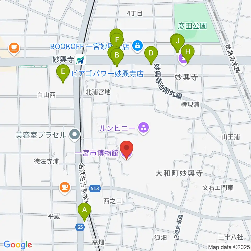 一宮市博物館周辺のファミレス・ファーストフード一覧地図