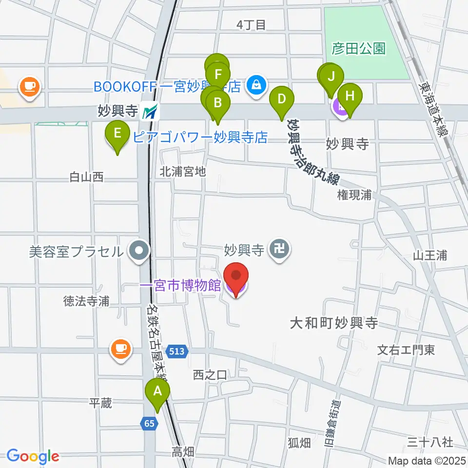 一宮市博物館周辺のファミレス・ファーストフード一覧地図