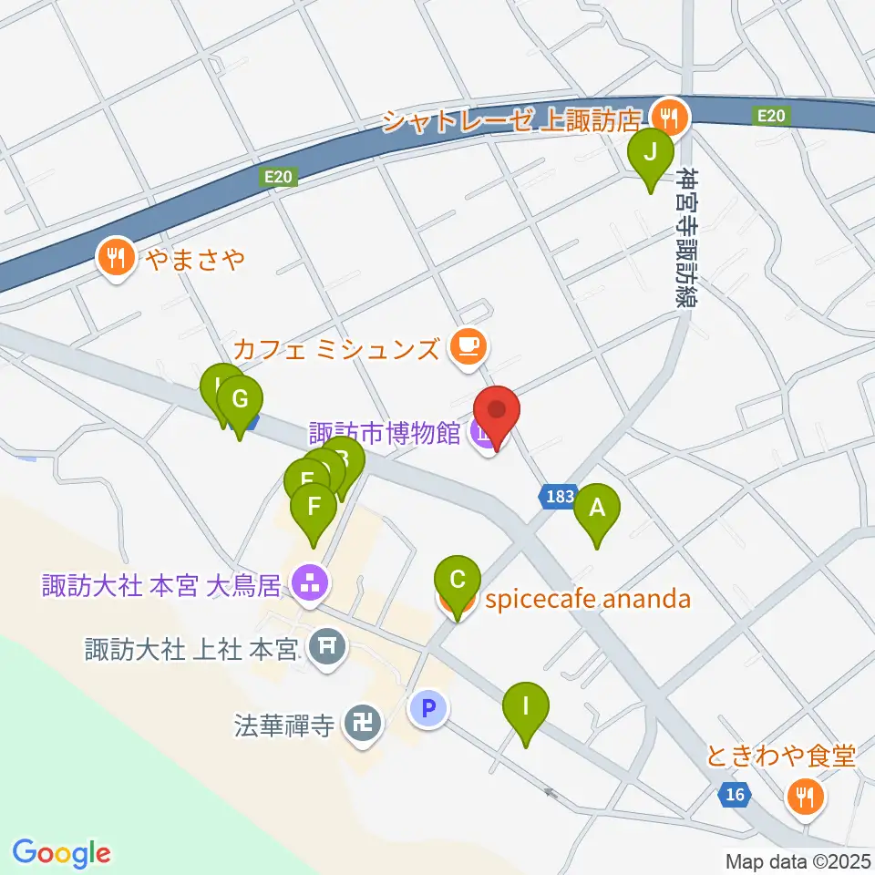 諏訪市博物館周辺のファミレス・ファーストフード一覧地図