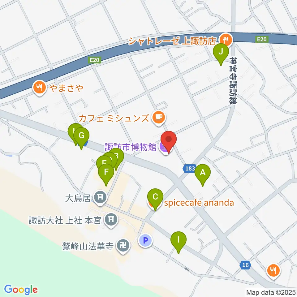 諏訪市博物館周辺のファミレス・ファーストフード一覧地図