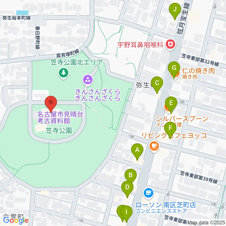 名古屋市見晴台考古資料館周辺のファミレス・ファーストフード一覧地図