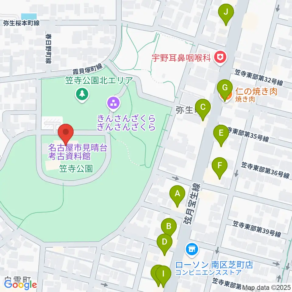 名古屋市見晴台考古資料館周辺のファミレス・ファーストフード一覧地図