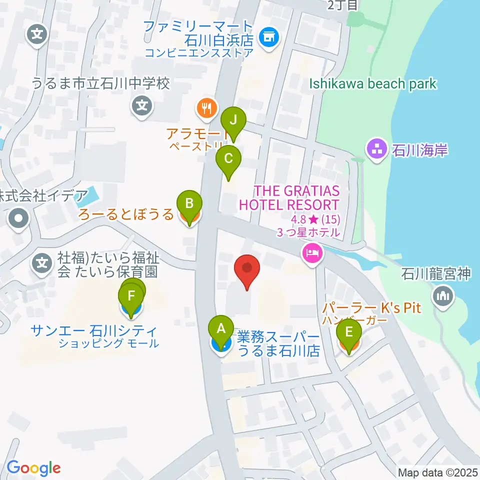 うるま市立石川歴史民俗資料館周辺のファミレス・ファーストフード一覧地図