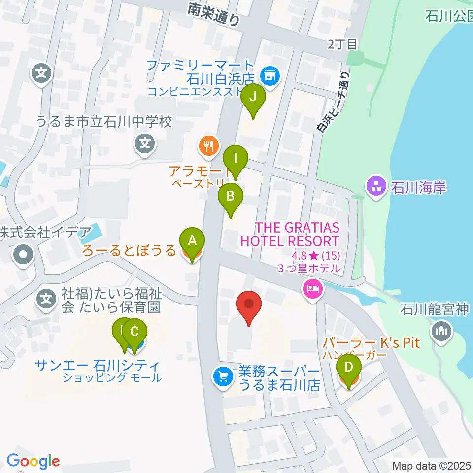 うるま市立石川歴史民俗資料館周辺のファミレス・ファーストフード一覧地図