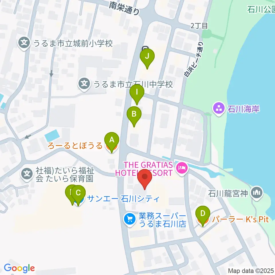 うるま市立石川歴史民俗資料館周辺のファミレス・ファーストフード一覧地図