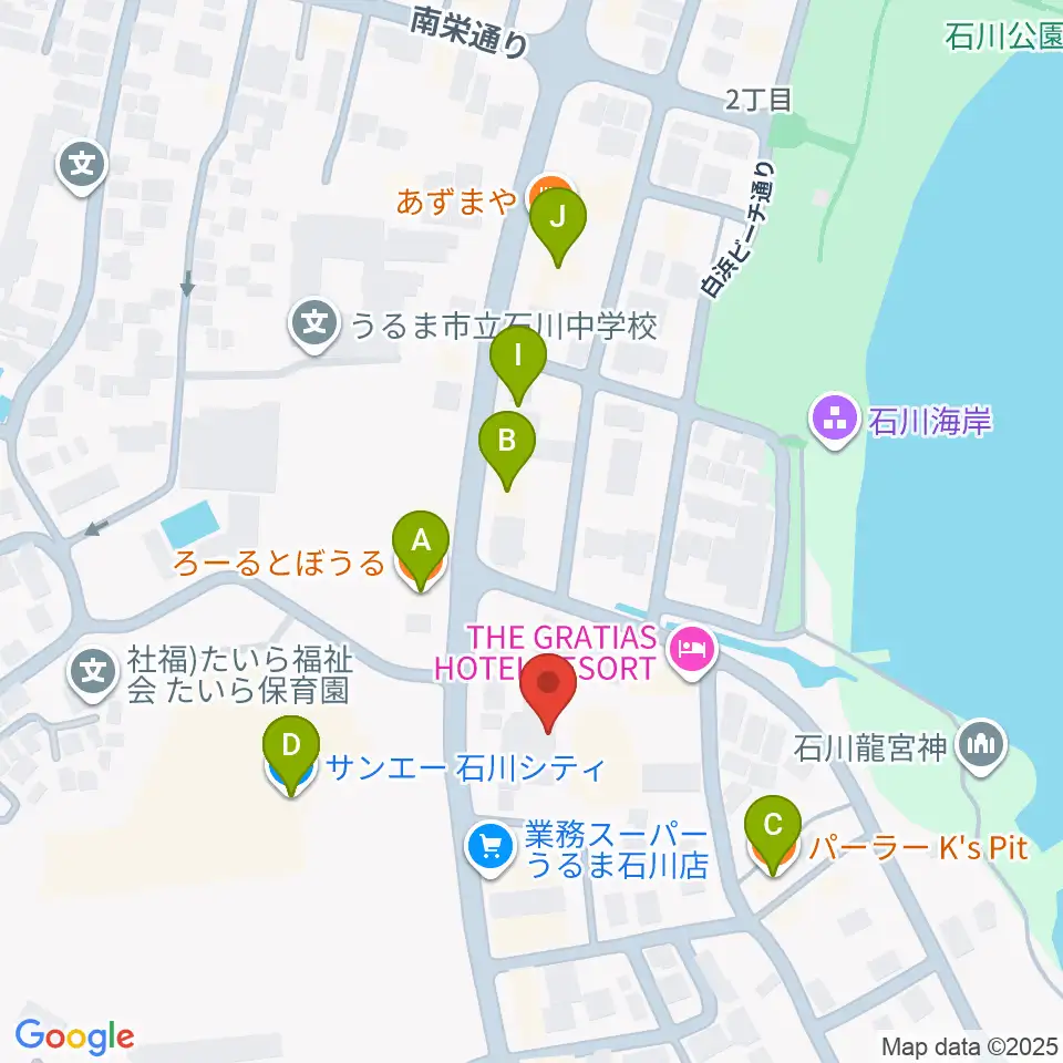 うるま市立石川歴史民俗資料館周辺のファミレス・ファーストフード一覧地図