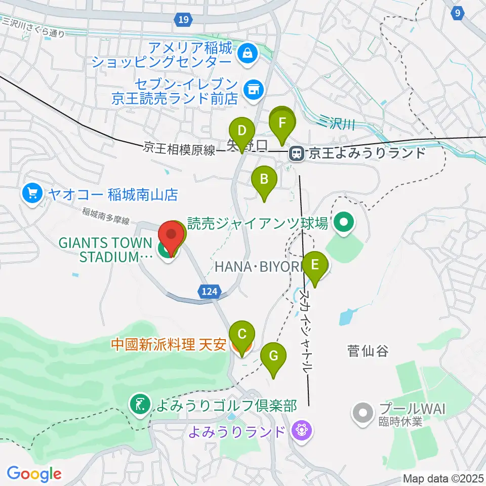 ジャイアンツタウンスタジアム周辺のファミレス・ファーストフード一覧地図