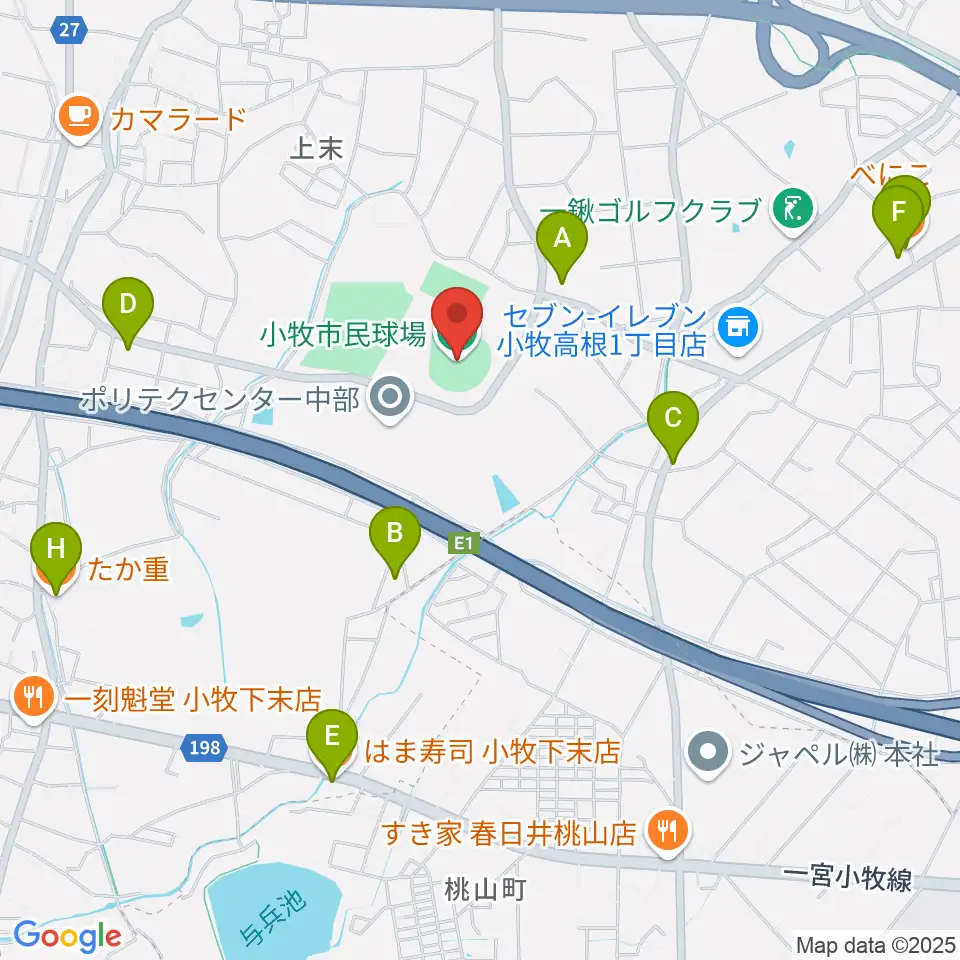 小牧市民球場周辺のファミレス・ファーストフード一覧地図