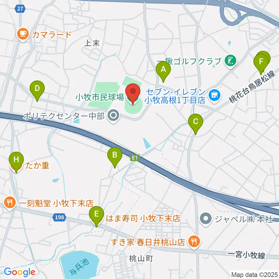小牧市民球場周辺のファミレス・ファーストフード一覧地図