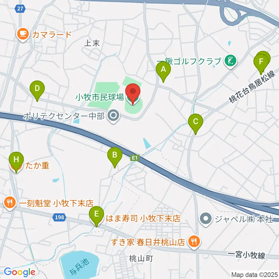 小牧市民球場周辺のファミレス・ファーストフード一覧地図