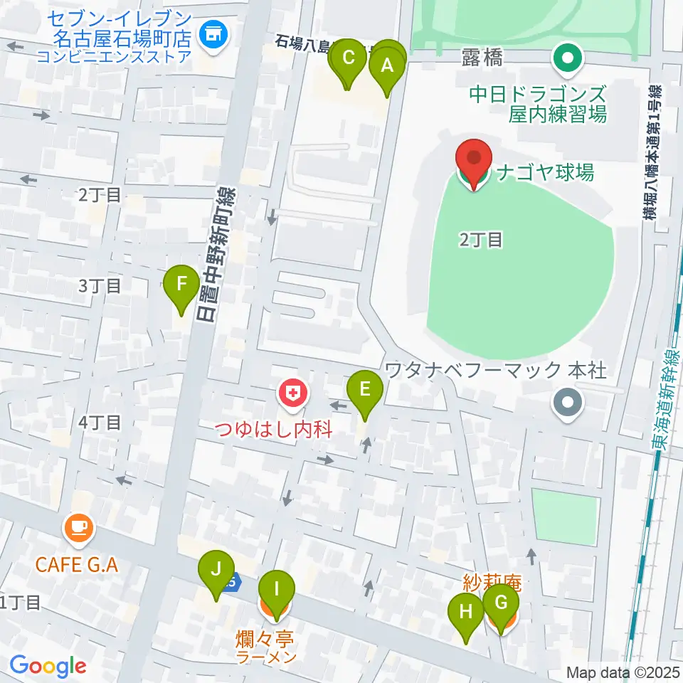ナゴヤ球場周辺のファミレス・ファーストフード一覧地図