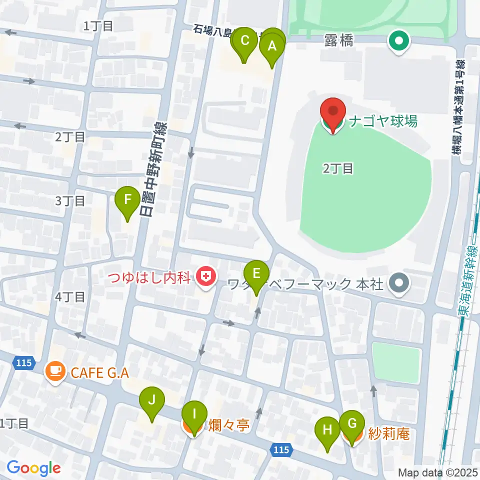 ナゴヤ球場周辺のファミレス・ファーストフード一覧地図