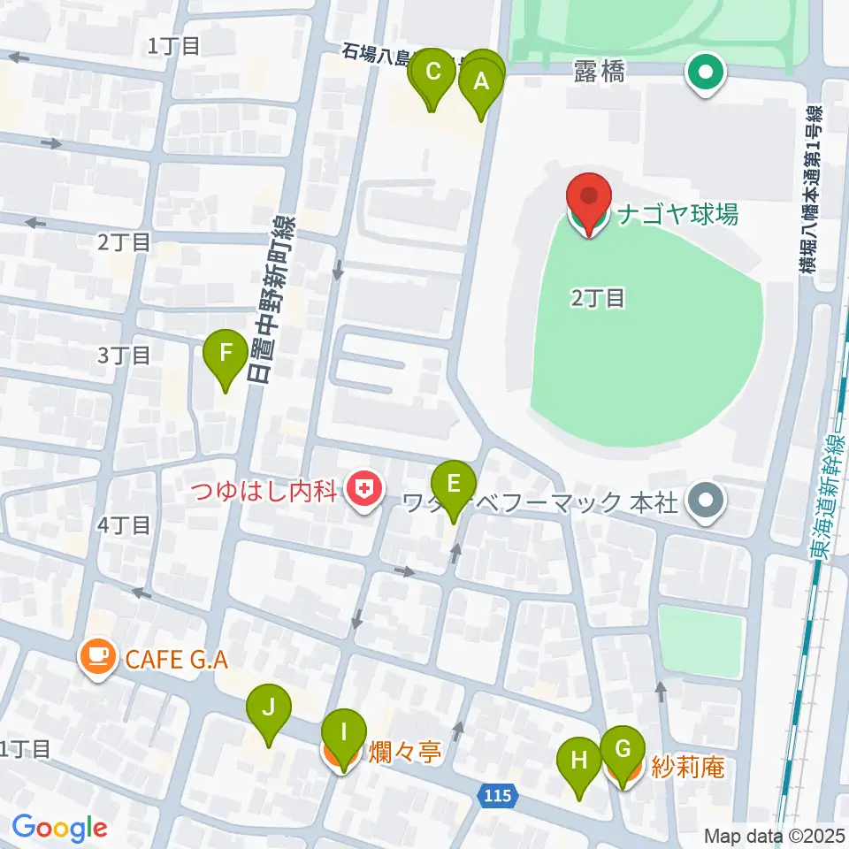 ナゴヤ球場周辺のファミレス・ファーストフード一覧地図