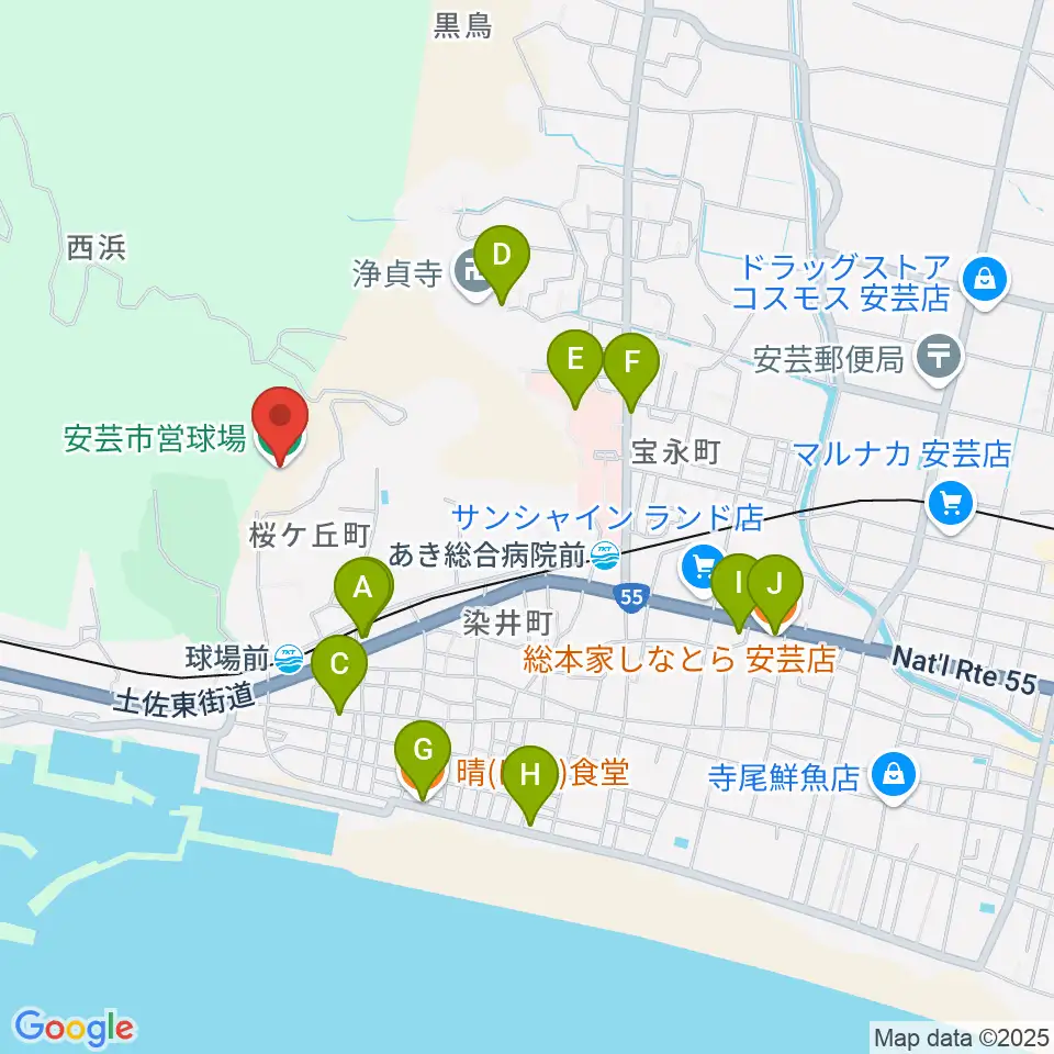 安芸市営球場（安芸タイガース球場）周辺のファミレス・ファーストフード一覧地図