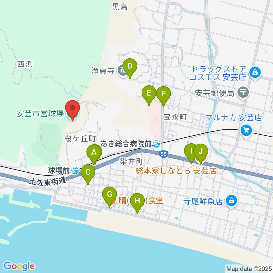 安芸市営球場（安芸タイガース球場）周辺のファミレス・ファーストフード一覧地図