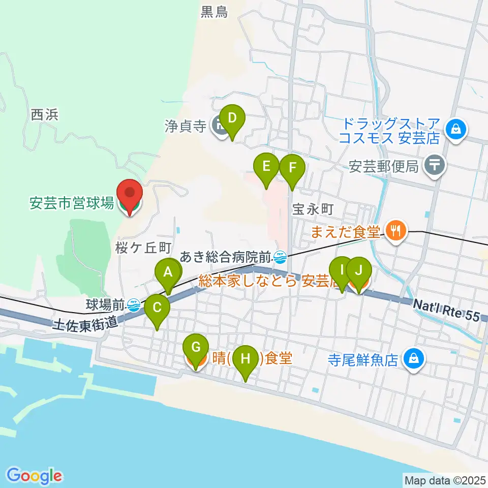 安芸市営球場（安芸タイガース球場）周辺のファミレス・ファーストフード一覧地図