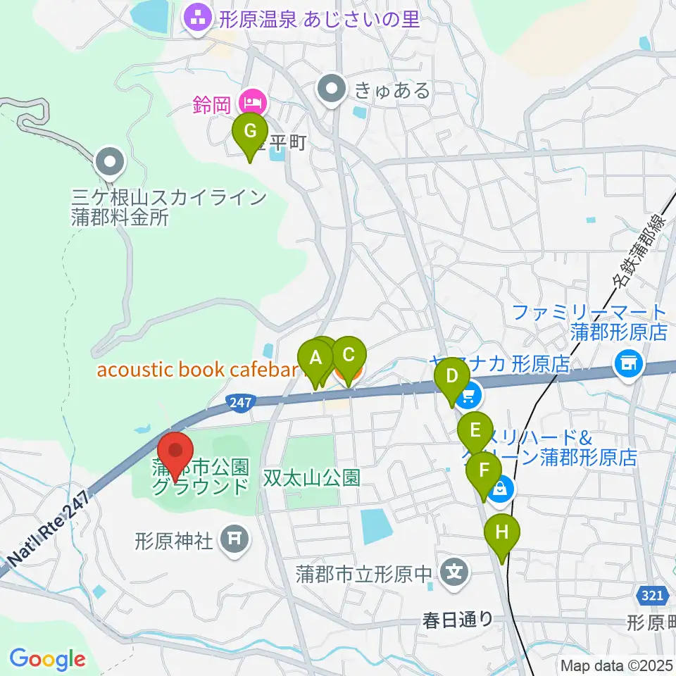 蒲郡市公園グラウンド野球場周辺のファミレス・ファーストフード一覧地図