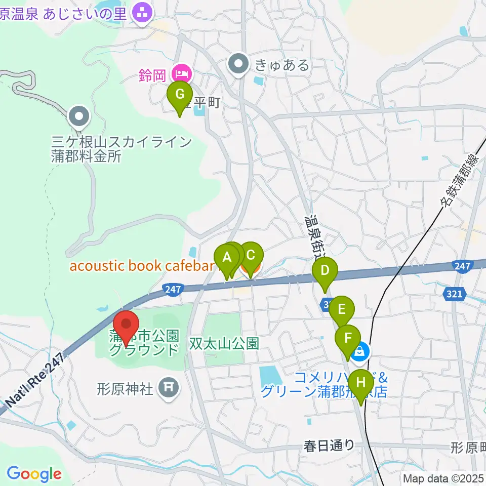 蒲郡市公園グラウンド野球場周辺のファミレス・ファーストフード一覧地図