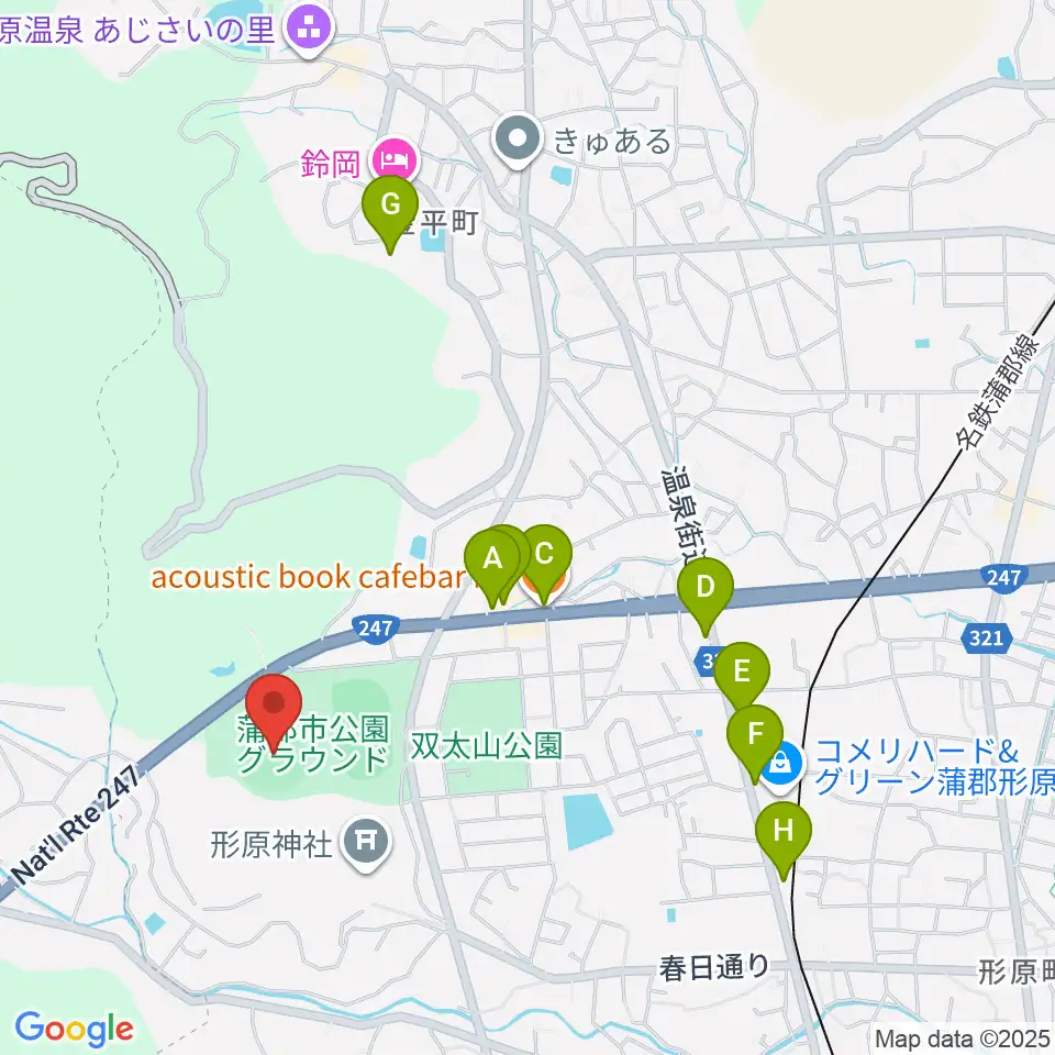 蒲郡市公園グラウンド野球場周辺のファミレス・ファーストフード一覧地図