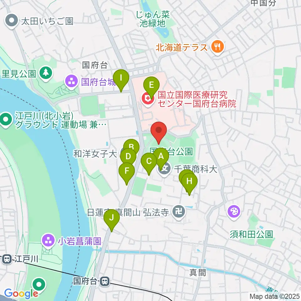 国府台スタジアム周辺のファミレス・ファーストフード一覧地図